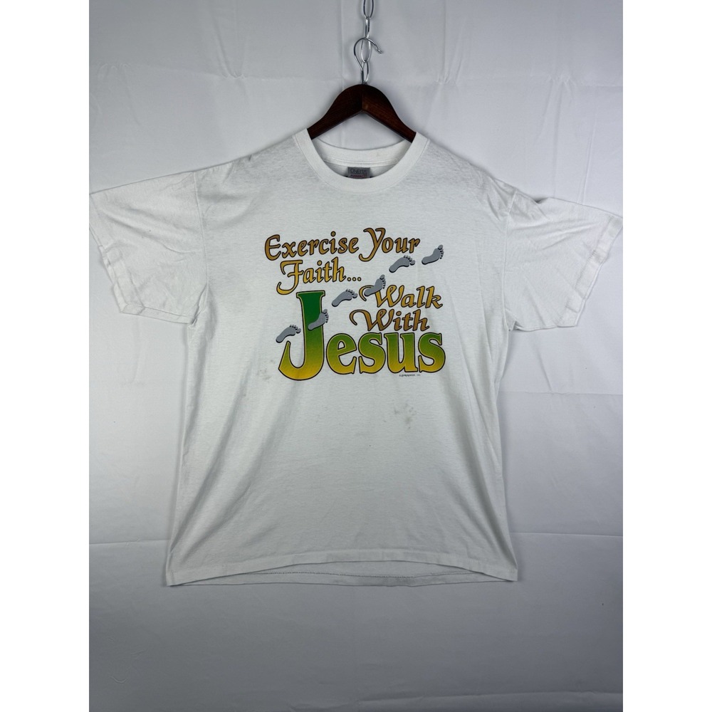 VTG 90's Jesus Tee "Exercise Your Faith, Walk With Jesus" S/S T-Shirt Sz. XL